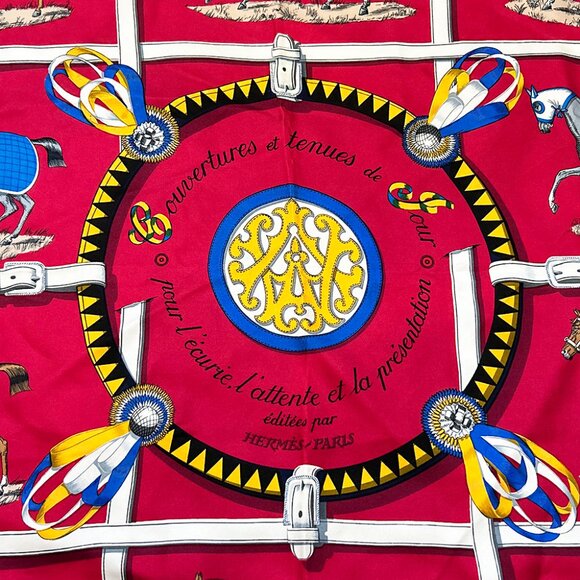Hermès Scarf Red Couvertures Tenues Jour Horse Equestrian 100% Silk - Picture 9 of 13